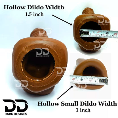 size information show width of hollow dildo 1.5 inch and 1 inch in small dildo hollow strap-on  dildo penis sleeve extender. Adds girth and length, works pre and post-erection, harness compatible dark chocolate brown color Buy Hollow Strapon dildo in India byDarkDesires