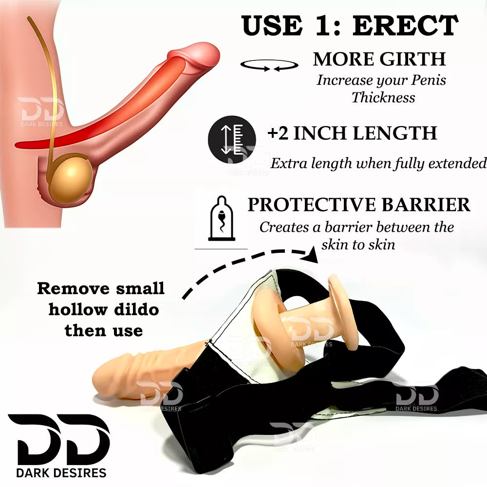  text explaining use, girth increase, length gain, and protective barrier. The product itself is shown at the bottom on a black strap with a flesh-toned silicone dildo hollow strapon  dildo penis sleeve extender. Adds girth and length, works pre and post-erection, harness compatible dark chocolate flesh tone color Buy Hollow Strapon dildo in India byDarkDesires