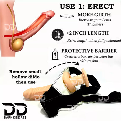  text explaining use, girth increase, length gain, and protective barrier. The product itself is shown at the bottom on a black strap with a flesh-toned silicone dildo hollow strapon  dildo penis sleeve extender. Adds girth and length, works pre and post-erection, harness compatible dark chocolate flesh tone color Buy Hollow Strapon dildo in India byDarkDesires