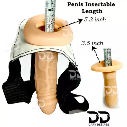 measurement , The main item appears to be a flesh-toned inflatable insert with a black harness/strap and a textured beige shaft, alongside a smaller inset view. hollow strapon  dildo penis sleeve extender. Adds girth and length, works pre and post-erection, harness compatible dark chocolate flesh tone color Buy Hollow Strapon dildo in India byDarkDesires