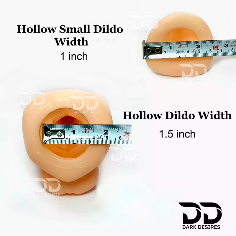 showing measurements: 'Hollow Small Dildo Width 1 inch' and 'Hollow Dildo Width 1.5 inch,' hollow strapon  dildo penis sleeve extender. Adds girth and length, works pre and post-erection, harness compatible dark chocolate flesh tone color Buy Hollow Strapon dildo in India byDarkDesires