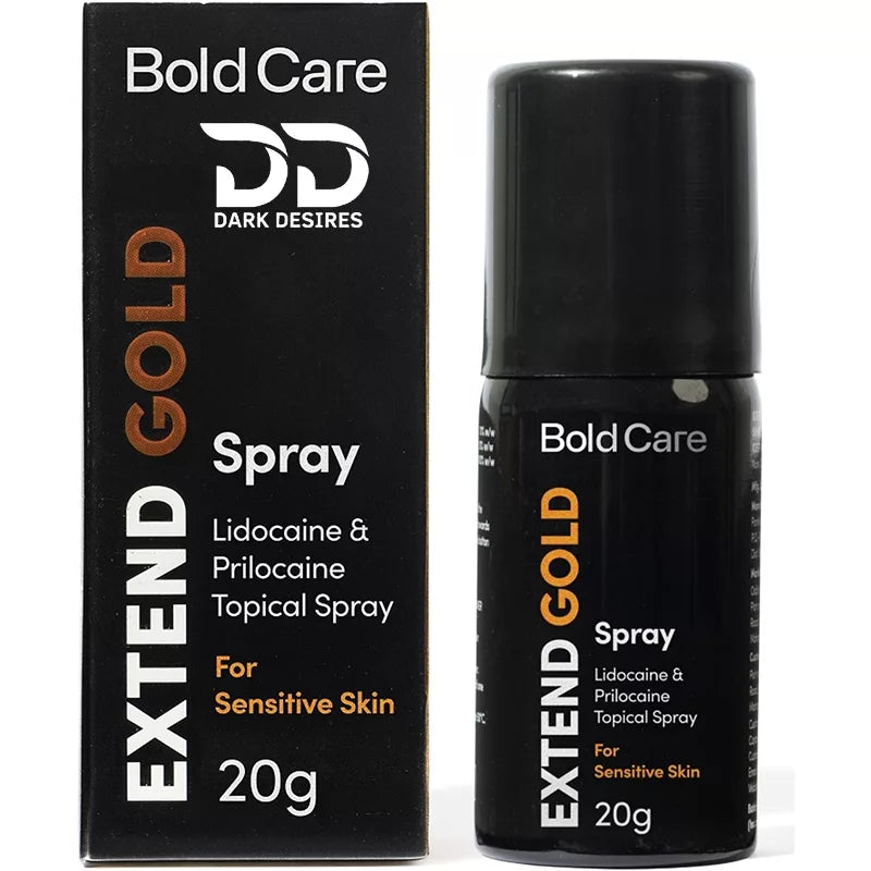 Extend Gold delay spray with lidocaine and prilocaine formula for sensitive skin. Reduces sensitivity and helps delay for longer performance black color Buy Sex Toys in India by darkDesires