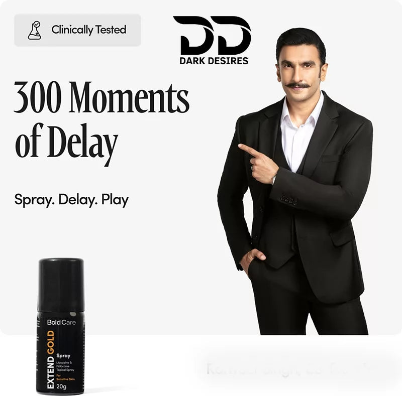 Extend Gold delay spray with lidocaine and prilocaine formula for sensitive skin. Reduces sensitivity and helps delay for longer performance black color Buy Sex Toys in India by darkDesires