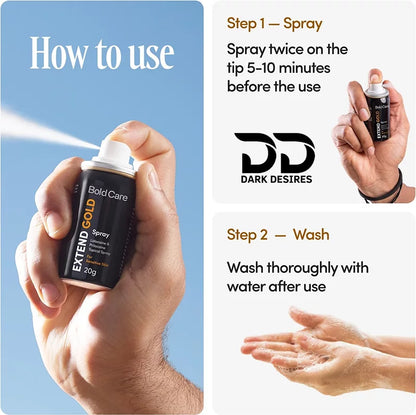 Extend Gold delay spray with lidocaine and prilocaine formula for sensitive skin. Reduces sensitivity and helps delay for longer performance black color Buy Sex Toys in India by darkDesires