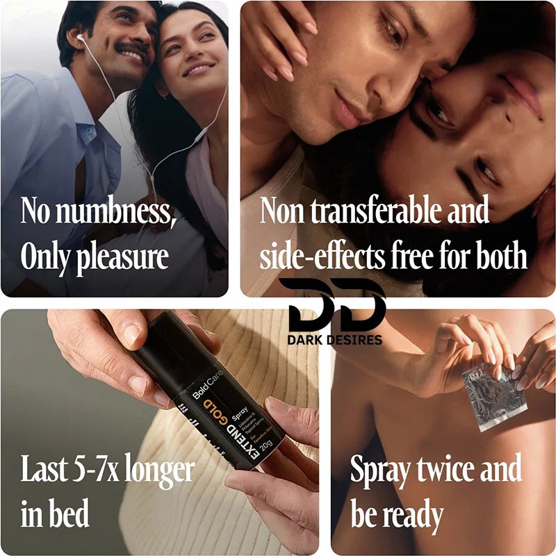 Extend Gold delay spray with lidocaine and prilocaine formula for sensitive skin. Reduces sensitivity and helps delay for longer performance black color Buy Sex Toys in India by darkDesires