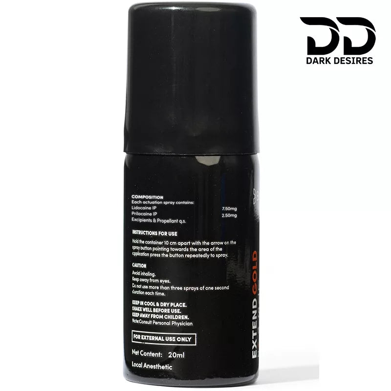 Extend Gold delay spray with lidocaine and prilocaine formula for sensitive skin. Reduces sensitivity and helps delay for longer performance black color Buy Sex Toys in India by darkDesires