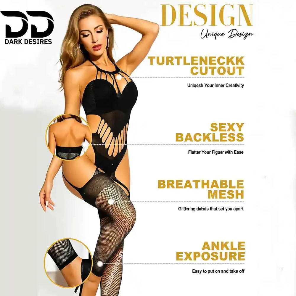 Sexy Fishnet Bodystocking Lingerie – Halterneck Lace Bodysuit