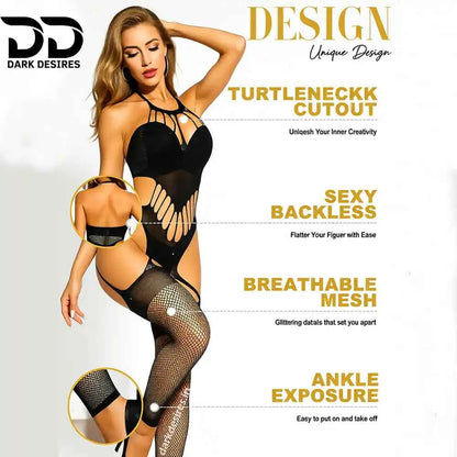 Sexy Fishnet Bodystocking Lingerie – Halterneck Lace Bodysuit