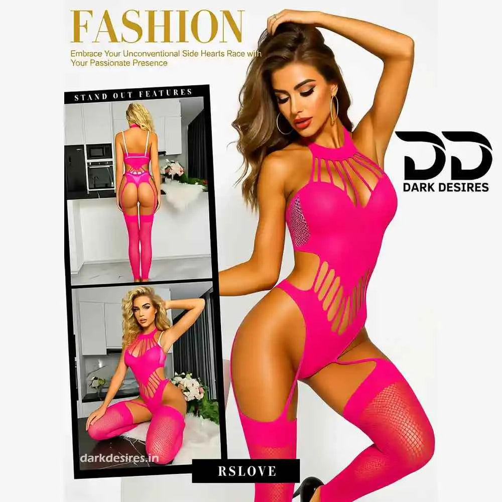 Sexy Fishnet Bodystocking Lingerie – Halterneck Lace Bodysuit