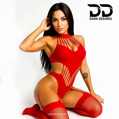 Sexy Fishnet Bodystocking Lingerie – Halterneck Lace Bodysuit