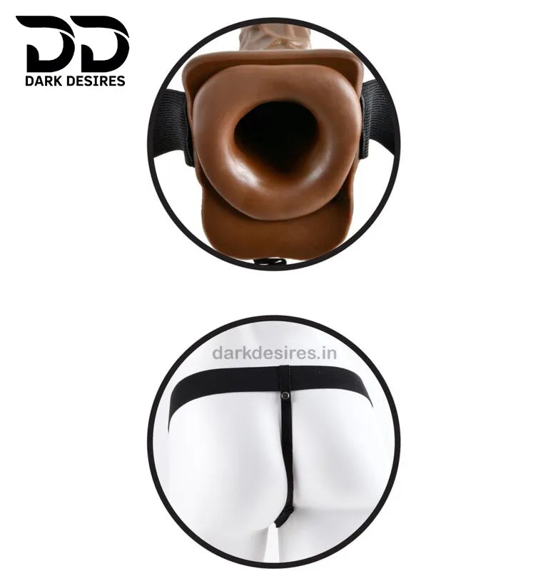 Hollow strap-on dildo with vibration and adjustable straps with 'Dark Desires' branding