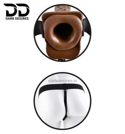 Hollow strap-on dildo with vibration and adjustable straps with 'Dark Desires' branding