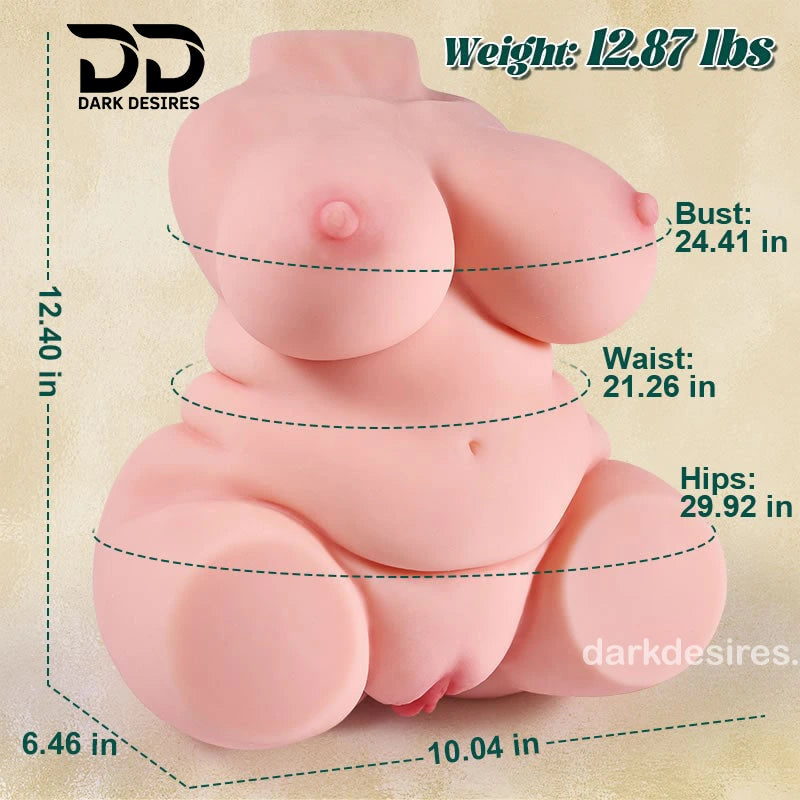 Realistic BBW silicone sex doll with curvy body torso with measurements and 'Dark Desires' branding.