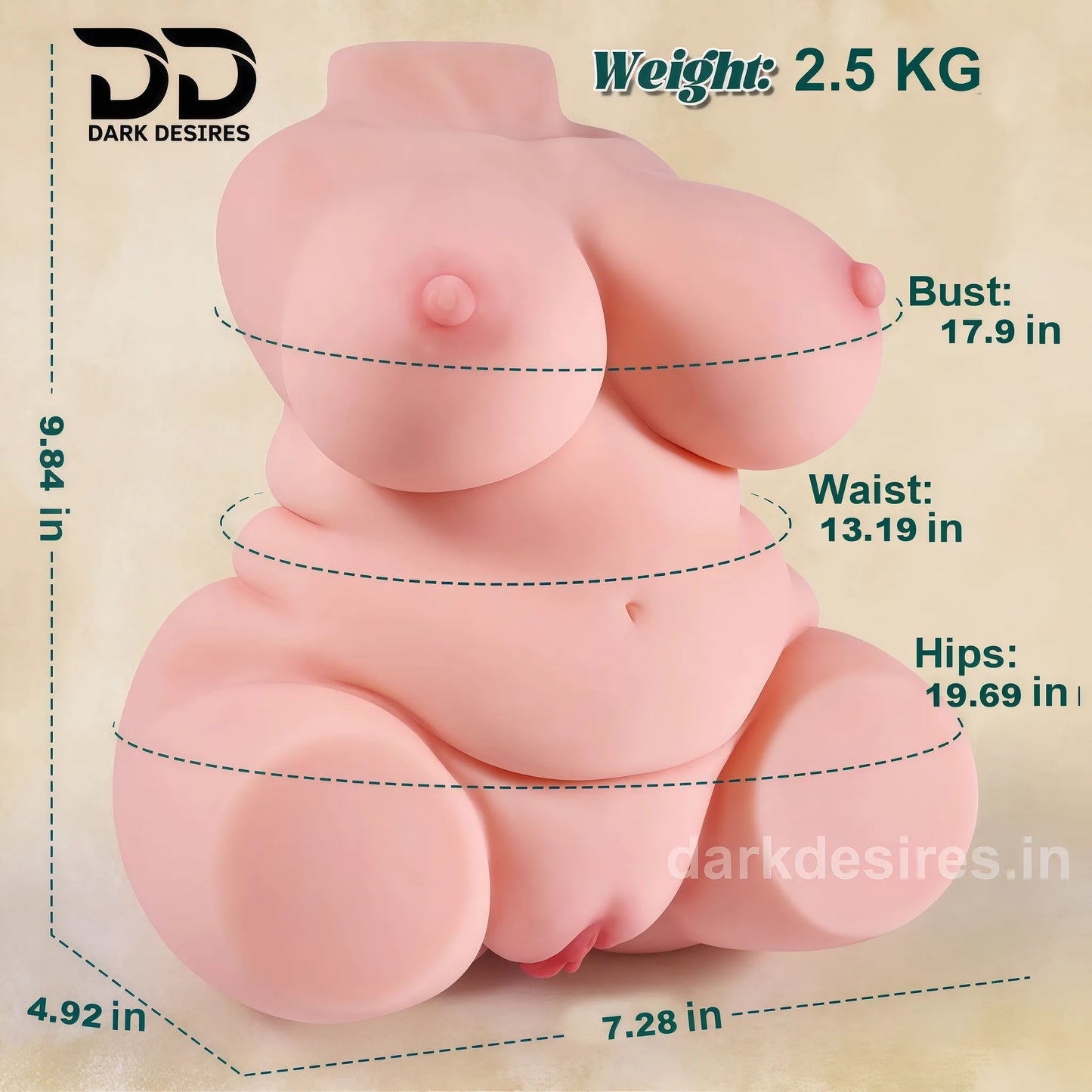 Silicone mold shaped like a female figure with measurements on a beige background