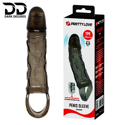  reusable silicone penis sleeve extender with vibration and ball ring design. Adds length, boosts confidence, and enhances performance in India Black Color by darkdesires.in