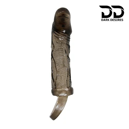  reusable silicone penis sleeve extender with vibration and ball ring design. Adds length, boosts confidence, and enhances performance in India Black Color by darkdesires.in