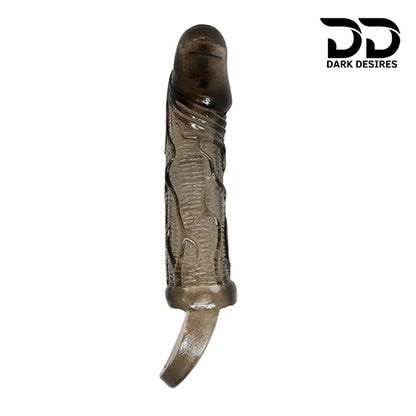  reusable silicone penis sleeve extender with vibration and ball ring design. Adds length, boosts confidence, and enhances performance in India Black Color by darkdesires.in