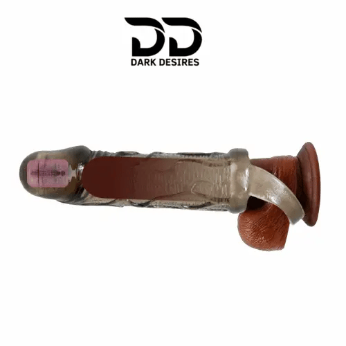  reusable silicone penis sleeve extender with vibration and ball ring design. Adds length, boosts confidence, and enhances performance in India Black Color by darkdesires.in