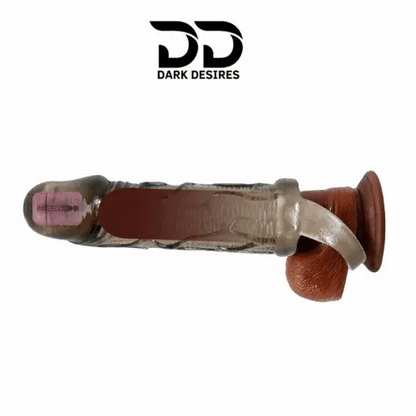  reusable silicone penis sleeve extender with vibration and ball ring design. Adds length, boosts confidence, and enhances performance in India Black Color by darkdesires.in