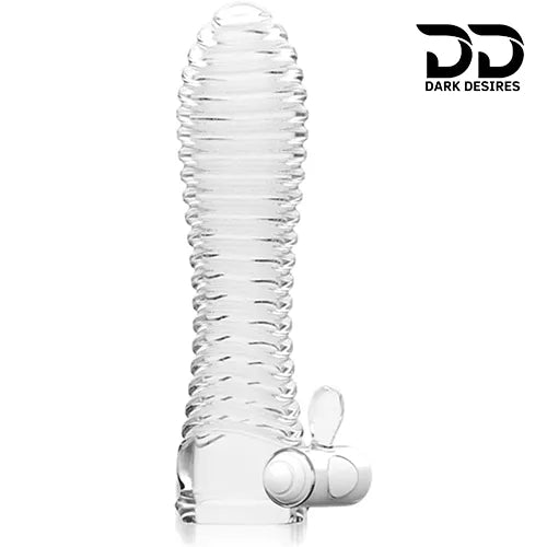 reusable silicone delay sleeve with textured crystal condom design and vibration for men. Enhances performance and stimulation, Transparent Color penis sleeve India Darkdesires