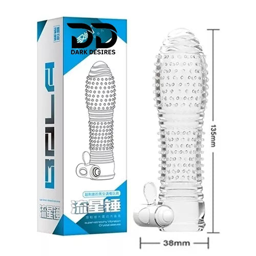 reusable silicone delay sleeve with textured crystal condom design and vibration for men. Enhances performance and stimulation, Transparent Color penis sleeve India Darkdesires