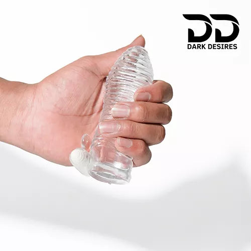 reusable silicone delay sleeve with textured crystal condom design and vibration for men. Enhances performance and stimulation, Transparent Color penis sleeve India Darkdesires
