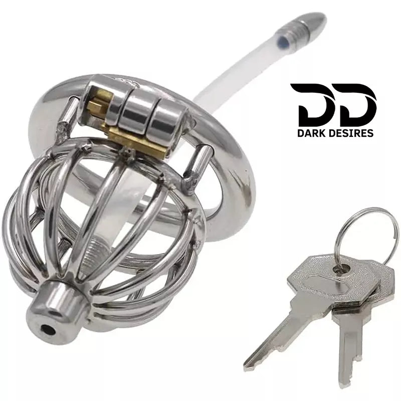 stainless steel male chastity cage with removable urethral tube and secure locking system Durable, hygienic, and ideal for fetish play penis lock device India by DarkDesires