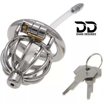 stainless steel male chastity cage with removable urethral tube and secure locking system Durable, hygienic, and ideal for fetish play penis lock device India by DarkDesires