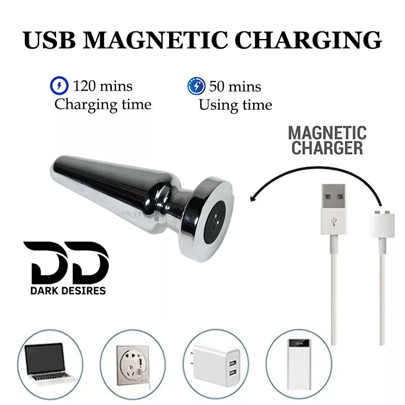 A USB magnetic charging cable by Dark Desires, featuring a shiny silver metallic cone-shaped circular magnetic base. stainless steel vibrating anal plug butt plug vibrator wireless remote silver color Anal sex toys online in India by DarkDesires