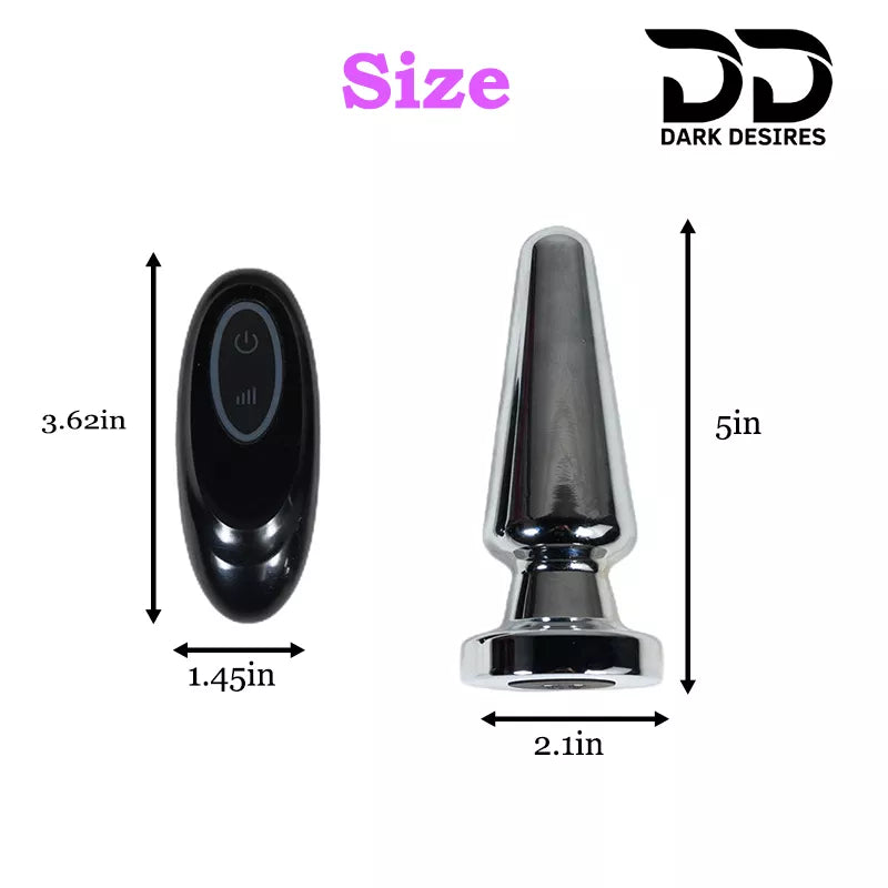 Product size diagram showing a oval remote control and a shiny cone shaped metallic plug, stainless steel vibrating anal plug butt plug vibrator wireless remote cone shaped silver color Anal sex toys online in India by DarkDesires