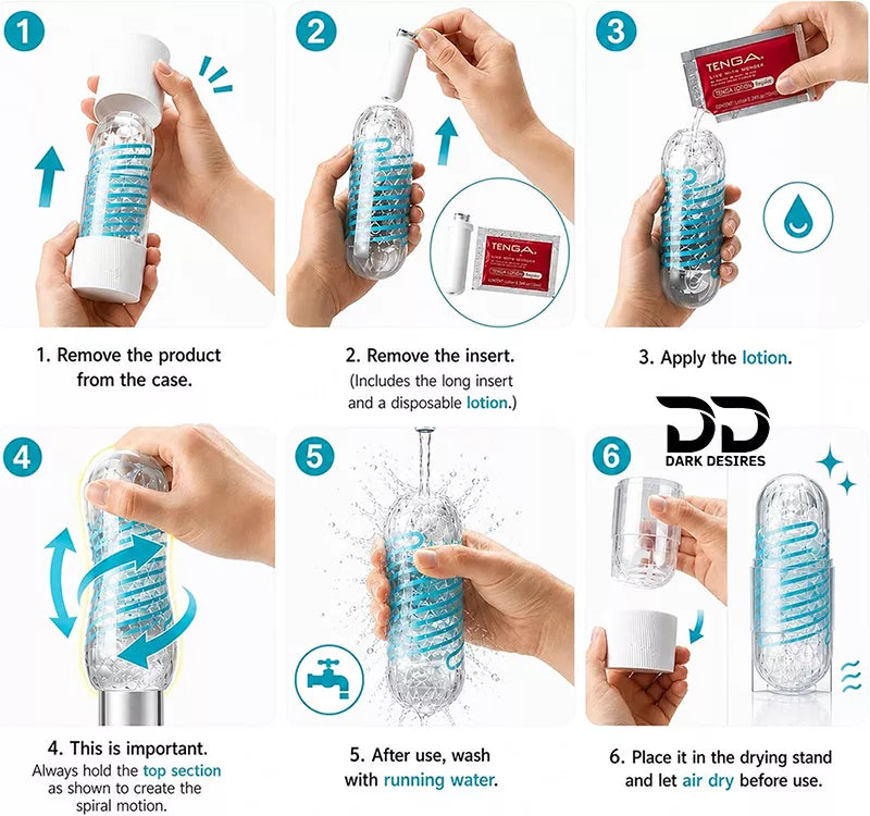 Tenga Spinner masturbator sleeve with unique spiral motion and reusable design for men. Soft, innovative, and easy to clean blue and white color darkdesires