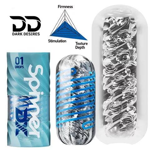 Tenga Spinner masturbator sleeve with unique spiral motion and reusable design for men. Soft, innovative, and easy to clean blue and white color darkdesires