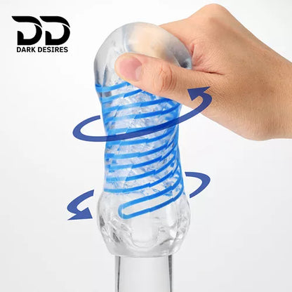 Tenga Spinner masturbator sleeve with unique spiral motion and reusable design for men. Soft, innovative, and easy to clean blue and white color darkdesires