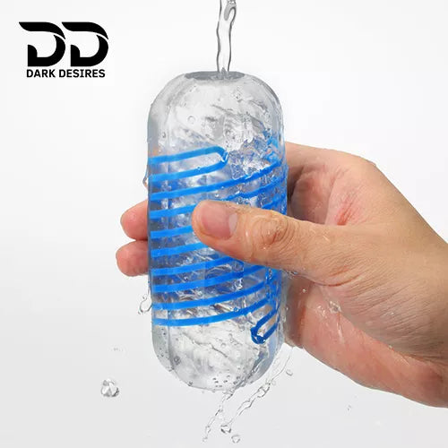 Tenga Spinner masturbator sleeve with unique spiral motion and reusable design for men. Soft, innovative, and easy to clean blue and white color darkdesires