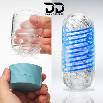 Tenga Spinner masturbator sleeve with unique spiral motion and reusable design for men. Soft, innovative, and easy to clean blue and white color darkdesires