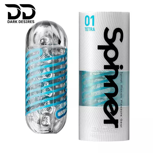 Tenga Spinner masturbator sleeve with unique spiral motion and reusable design for men. Soft, innovative, and easy to clean blue and white color darkdesires