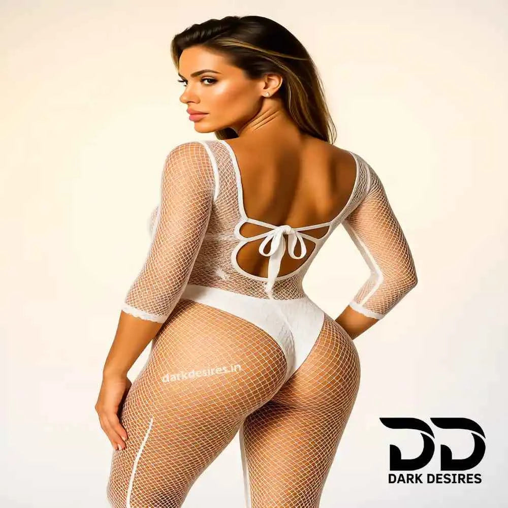 Women White Long Sleeve Bodystocking Lingerie – Open Crotch Fishnet Design