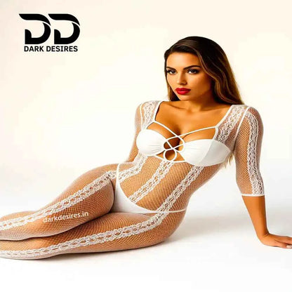 Women White Long Sleeve Bodystocking Lingerie – Open Crotch Fishnet Design